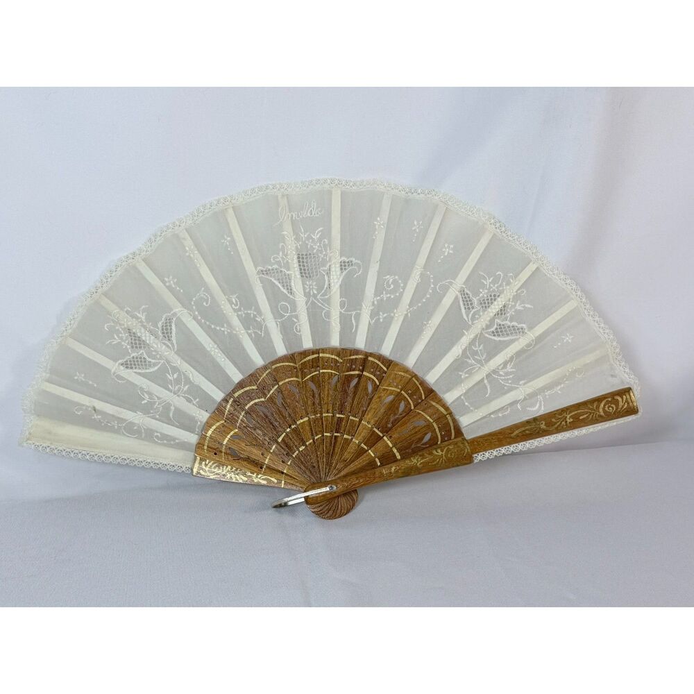 Vtg Lace Embroidered Folding Hand Fan Teak Ribs Gold Victorian Edwardian